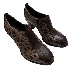 L'Artiste Artsy Boho Brown Leather Floral Cutout Heeled Ankle Boots Size 8 (39)